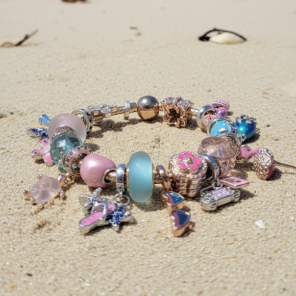 Linx Rose Gold Snake Chain Bracelet with Beach and Summer Themed Charms